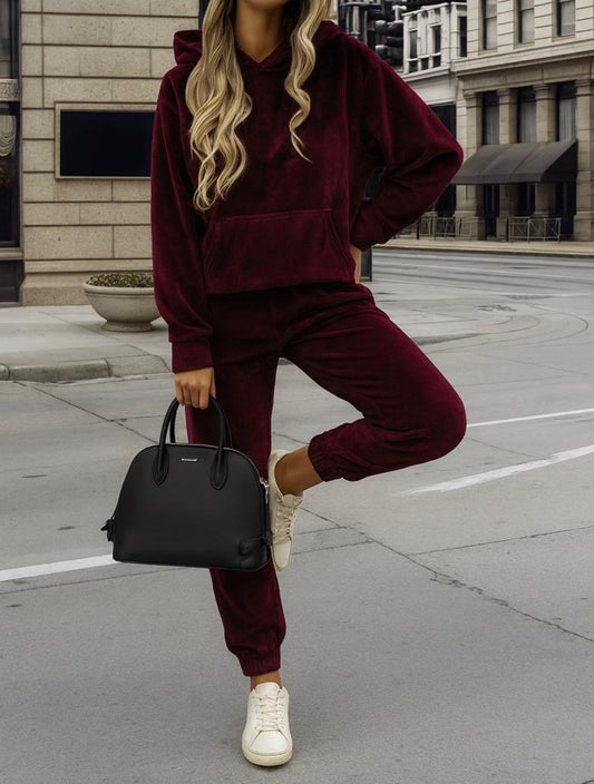 x. Trening Catifea Bordo - Set 2 Piese: Hanorac + Pantaloni