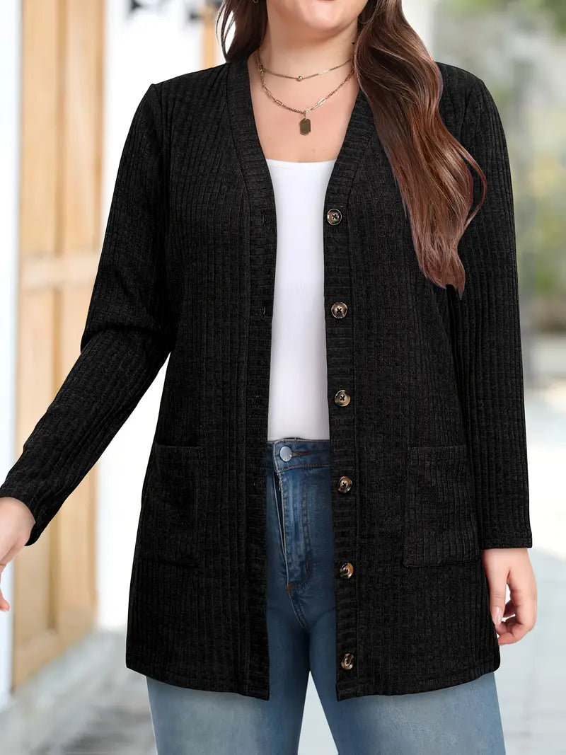 Bluză Neagră cu Butoni Aurii și Buzunare – Tricot Texturat ideal pentru ieșit Seara